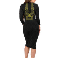 Philippines Barong Style Family Matching Long Sleeve Bodycon Dress and Hawaiian Shirt with Polynesian Art and Leaf Motif Black-Gold Color