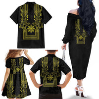 Philippines Barong Style Family Matching Off The Shoulder Long Sleeve Dress and Hawaiian Shirt with Polynesian Art and Leaf Motif Black-Gold Color