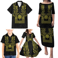 Philippines Barong Style Family Matching Puletasi and Hawaiian Shirt with Polynesian Art and Leaf Motif Black-Gold Color