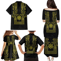 Philippines Barong Style Family Matching Puletasi and Hawaiian Shirt with Polynesian Art and Leaf Motif Black-Gold Color