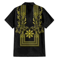 Philippines Barong Style Family Matching Puletasi and Hawaiian Shirt with Polynesian Art and Leaf Motif Black-Gold Color