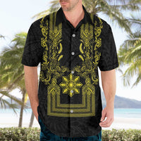 Philippines Barong Style Hawaiian Shirt with Polynesian Art and Leaf Motif Black-Gold Color LT03 - Polynesian Pride