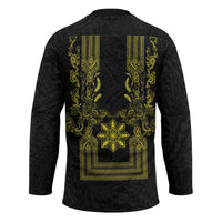 Philippines Barong Style Hockey Jersey with Polynesian Art and Leaf Motif Black-Gold Color LT03 - Polynesian Pride