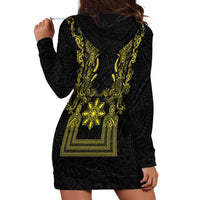 Philippines Barong Style Hoodie Dress with Polynesian Art and Leaf Motif Black-Gold Color