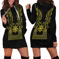 Philippines Barong Style Hoodie Dress with Polynesian Art and Leaf Motif Black-Gold Color