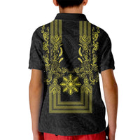 Philippines Barong Style Kid Polo Shirt with Polynesian Art and Leaf Motif Black-Gold Color LT03 - Polynesian Pride