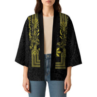 Philippines Barong Style Kimono with Polynesian Art and Leaf Motif Black-Gold Color