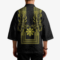 Philippines Barong Style Kimono with Polynesian Art and Leaf Motif Black-Gold Color