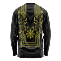Philippines Barong Style Long Sleeve Shirt with Polynesian Art and Leaf Motif Black-Gold Color LT03 - Polynesian Pride