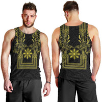 Philippines Barong Style Men Tank Top with Polynesian Art and Leaf Motif Black-Gold Color LT03 - Polynesian Pride