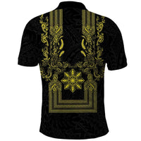 Philippines Barong Style Polo Shirt with Polynesian Art and Leaf Motif Black-Gold Color LT03 - Polynesian Pride