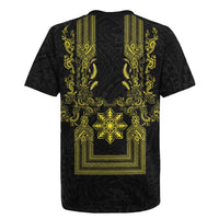 Philippines Barong Style Rugby Jersey with Polynesian Art and Leaf Motif Black-Gold Color LT03 - Polynesian Pride