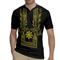 Philippines Barong Style Rugby Jersey with Polynesian Art and Leaf Motif Black-Gold Color LT03 - Polynesian Pride