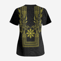 Philippines Barong Style Scrub Top with Polynesian Art and Leaf Motif Black-Gold Color LT03 - Polynesian Pride