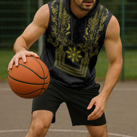 Philippines Barong Style Sleeveless Hoodie with Polynesian Art and Leaf Motif Black-Gold Color LT03 - Polynesian Pride