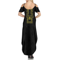 Philippines Barong Style Summer Maxi Dress with Polynesian Art and Leaf Motif Black-Gold Color LT03 - Polynesian Pride