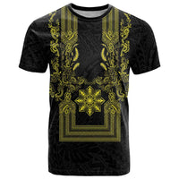 Philippines Barong Style T Shirt with Polynesian Art and Leaf Motif Black-Gold Color LT03 Black - Polynesian Pride