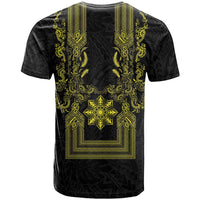 Philippines Barong Style T Shirt with Polynesian Art and Leaf Motif Black-Gold Color LT03 - Polynesian Pride
