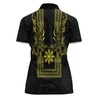 Philippines Barong Style Women Polo Shirt with Polynesian Art and Leaf Motif Black-Gold Color