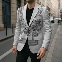 Philippines Barong Style Blazer with Polynesian Art and Leaf Motif Black-White Color LT03 - Polynesian Pride