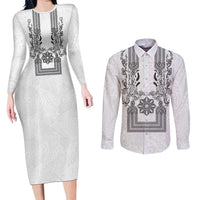 Philippines Barong Style Couples Matching Long Sleeve Bodycon Dress and Long Sleeve Button Shirt with Polynesian Art and Leaf Motif Black-White Color