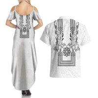 Philippines Barong Style Couples Matching Summer Maxi Dress and Hawaiian Shirt with Polynesian Art and Leaf Motif Black-White Color