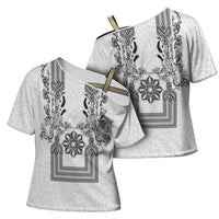 Philippines Barong Style Cross Shoulder Shirt with Polynesian Art and Leaf Motif Black-White Color LT03 - Polynesian Pride