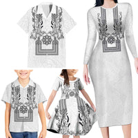 Philippines Barong Style Family Matching Long Sleeve Bodycon Dress and Hawaiian Shirt with Polynesian Art and Leaf Motif Black-White Color
