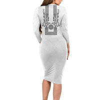 Philippines Barong Style Family Matching Long Sleeve Bodycon Dress and Hawaiian Shirt with Polynesian Art and Leaf Motif Black-White Color