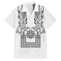 Philippines Barong Style Family Matching Off Shoulder Maxi Dress and Hawaiian Shirt with Polynesian Art and Leaf Motif Black-White Color