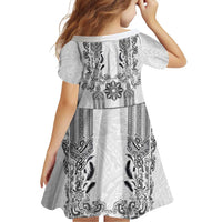 Philippines Barong Style Family Matching Summer Maxi Dress and Hawaiian Shirt with Polynesian Art and Leaf Motif Black-White Color