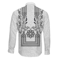 Philippines Barong Style Family Matching Tank Maxi Dress and Hawaiian Shirt with Polynesian Art and Leaf Motif Black-White Color
