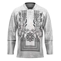 Philippines Barong Style Hockey Jersey with Polynesian Art and Leaf Motif Black-White Color LT03 Unisex White - Polynesian Pride