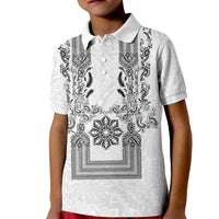 Philippines Barong Style Kid Polo Shirt with Polynesian Art and Leaf Motif Black-White Color LT03 Kid White - Polynesian Pride