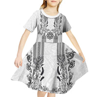 Philippines Barong Style Kid Short Sleeve Dress with Polynesian Art and Leaf Motif Black-White Color LT03 - Polynesian Pride