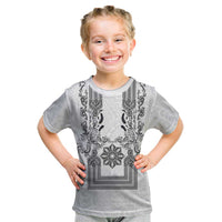 Philippines Barong Style Kid T Shirt with Polynesian Art and Leaf Motif Black-White Color LT03 White - Polynesian Pride