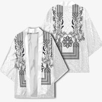 Philippines Barong Style Kimono with Polynesian Art and Leaf Motif Black-White Color