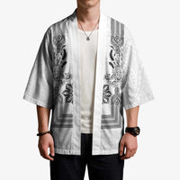 Philippines Barong Style Kimono with Polynesian Art and Leaf Motif Black-White Color