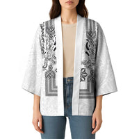 Philippines Barong Style Kimono with Polynesian Art and Leaf Motif Black-White Color