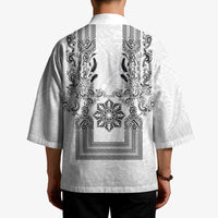 Philippines Barong Style Kimono with Polynesian Art and Leaf Motif Black-White Color