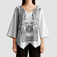 Philippines Barong Style Kimono Sleeve Blouse with Polynesian Art and Leaf Motif Black-White Color