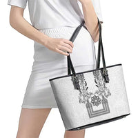 Philippines Barong Style Leather Tote Bag with Polynesian Art and Leaf Motif Black-White Color LT03 - Polynesian Pride
