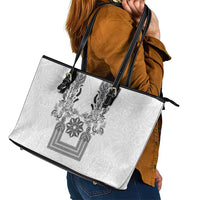Philippines Barong Style Leather Tote Bag with Polynesian Art and Leaf Motif Black-White Color LT03 - Polynesian Pride