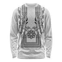 Philippines Barong Style Long Sleeve Shirt with Polynesian Art and Leaf Motif Black-White Color LT03 Unisex White - Polynesian Pride