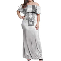 Philippines Barong Style Off Shoulder Maxi Dress with Polynesian Art and Leaf Motif Black-White Color LT03 Women White - Polynesian Pride