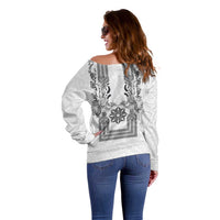 Philippines Barong Style Off Shoulder Sweater with Polynesian Art and Leaf Motif Black-White Color LT03 - Polynesian Pride