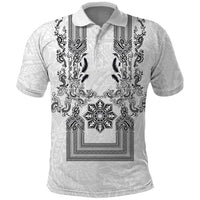 Philippines Barong Style Polo Shirt with Polynesian Art and Leaf Motif Black-White Color LT03 White - Polynesian Pride