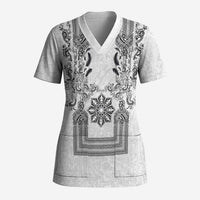 Philippines Barong Style Scrub Top with Polynesian Art and Leaf Motif Black-White Color LT03 Adult White - Polynesian Pride