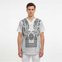 Philippines Barong Style Scrub Top with Polynesian Art and Leaf Motif Black-White Color LT03 - Polynesian Pride