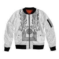 Philippines Barong Style Sleeve Zip Bomber Jacket with Polynesian Art and Leaf Motif Black-White Color LT03 Unisex White - Polynesian Pride